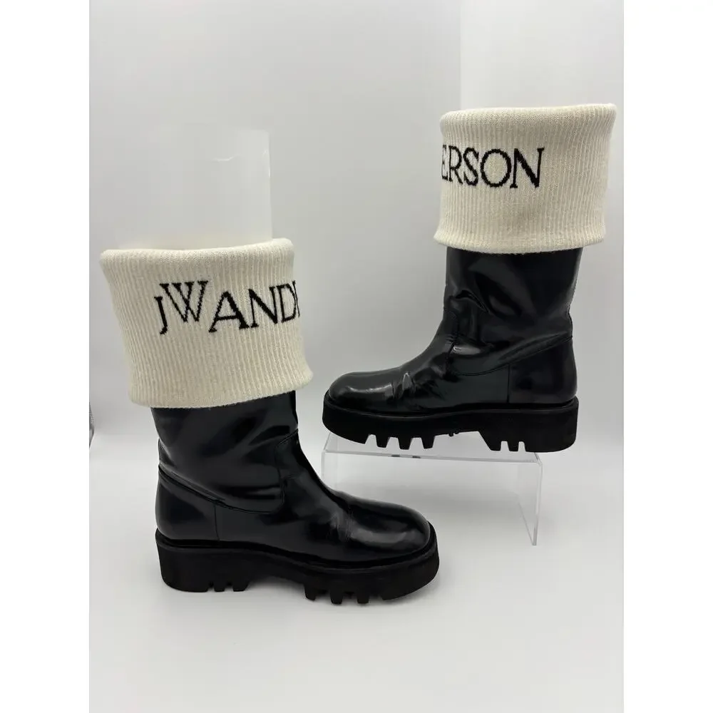 JW Anderson Logo Fisherman Boots Black Patent Leather White Sock Size 39 / 9